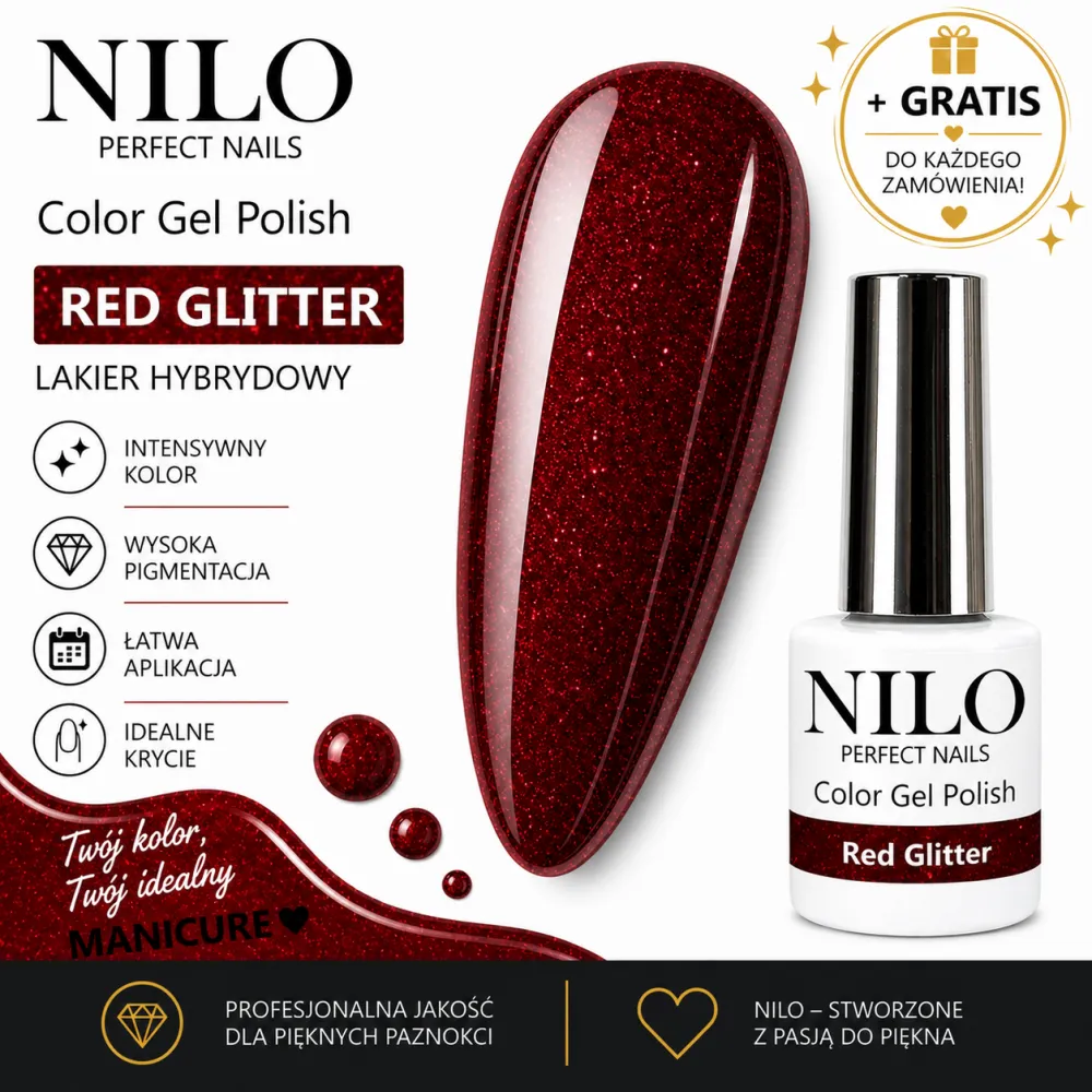 Lakier Hybrydowy Red Glitter – NILO no.84